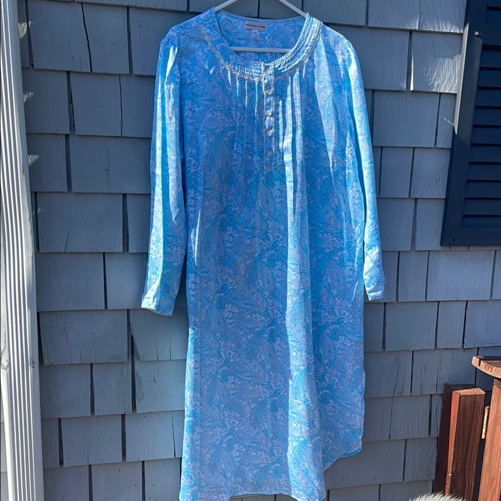 Miss Elaine Blue Long Sleeve Chemise with Bib Collar- Paisley Print-XL-Gown